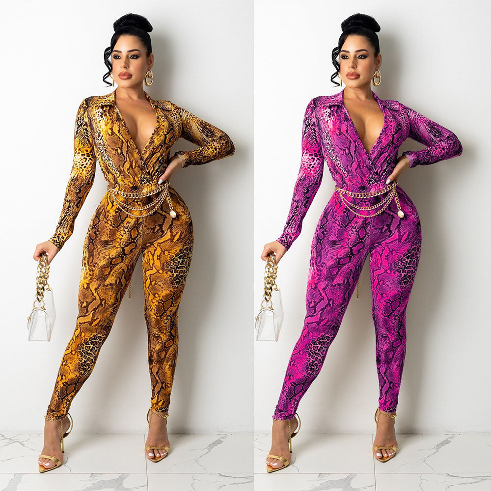 Sexy Snake Print Digital Print Long-Sleeved Skinny Jumpsuit