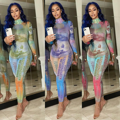 Sexy Mesh See-Through Print Long-Sleeved Jumpsuit