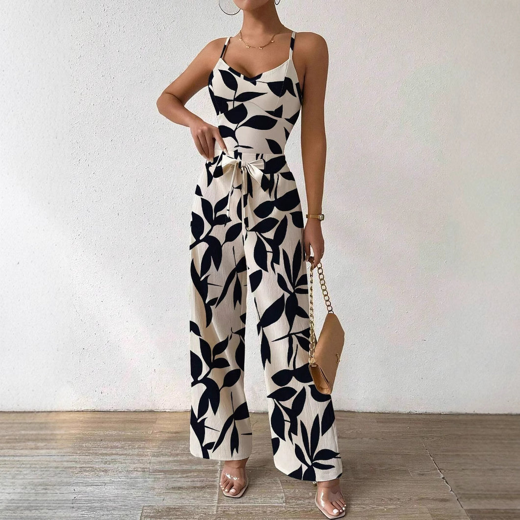 Print Jumpsuit Elastic Waist Belt Jumpsuit