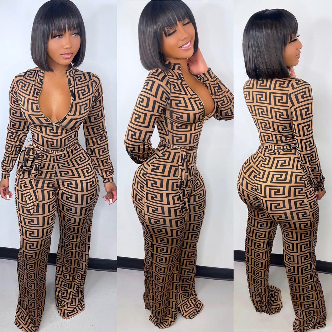 Deep V Neck Zip Tie Jumpsuit
